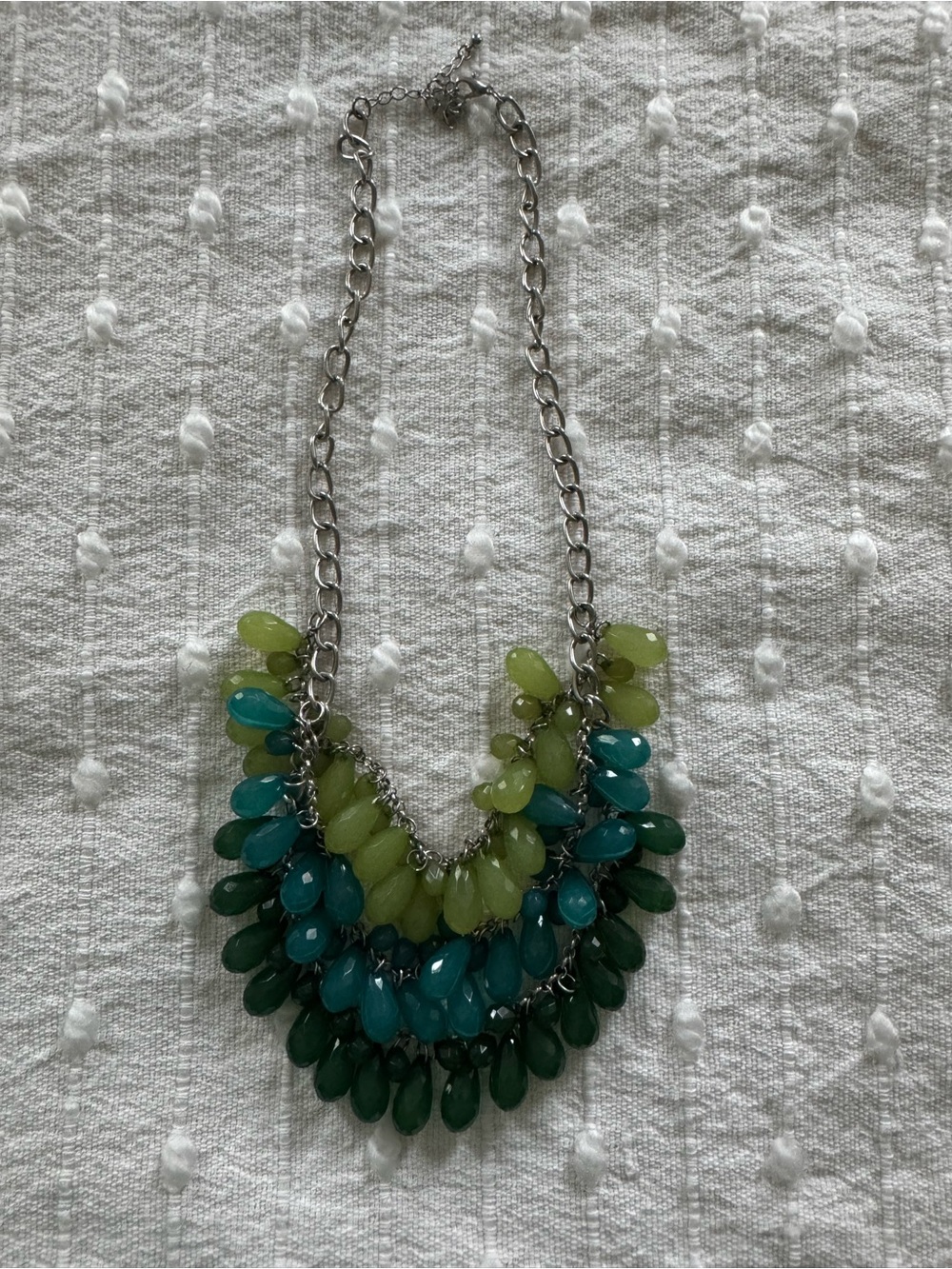 Vintage Blue Aqua Green beaded Boho Bib Necklace Silver Chain